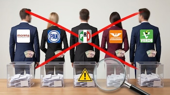 Cinco figuras de espaldas con logos de Morena, PAN, PRI, Movimiento Ciudadano y Verde, dinero en bolsillos, junto a urnas. Gran 'X' roja los tacha y una lupa los examina.