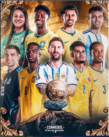 Luis Díaz junto a Lionel Messi y otros futbolistas de Suramérica nominados al Balón de Oro en el afiche de la Conmebol - crédito Conmebol