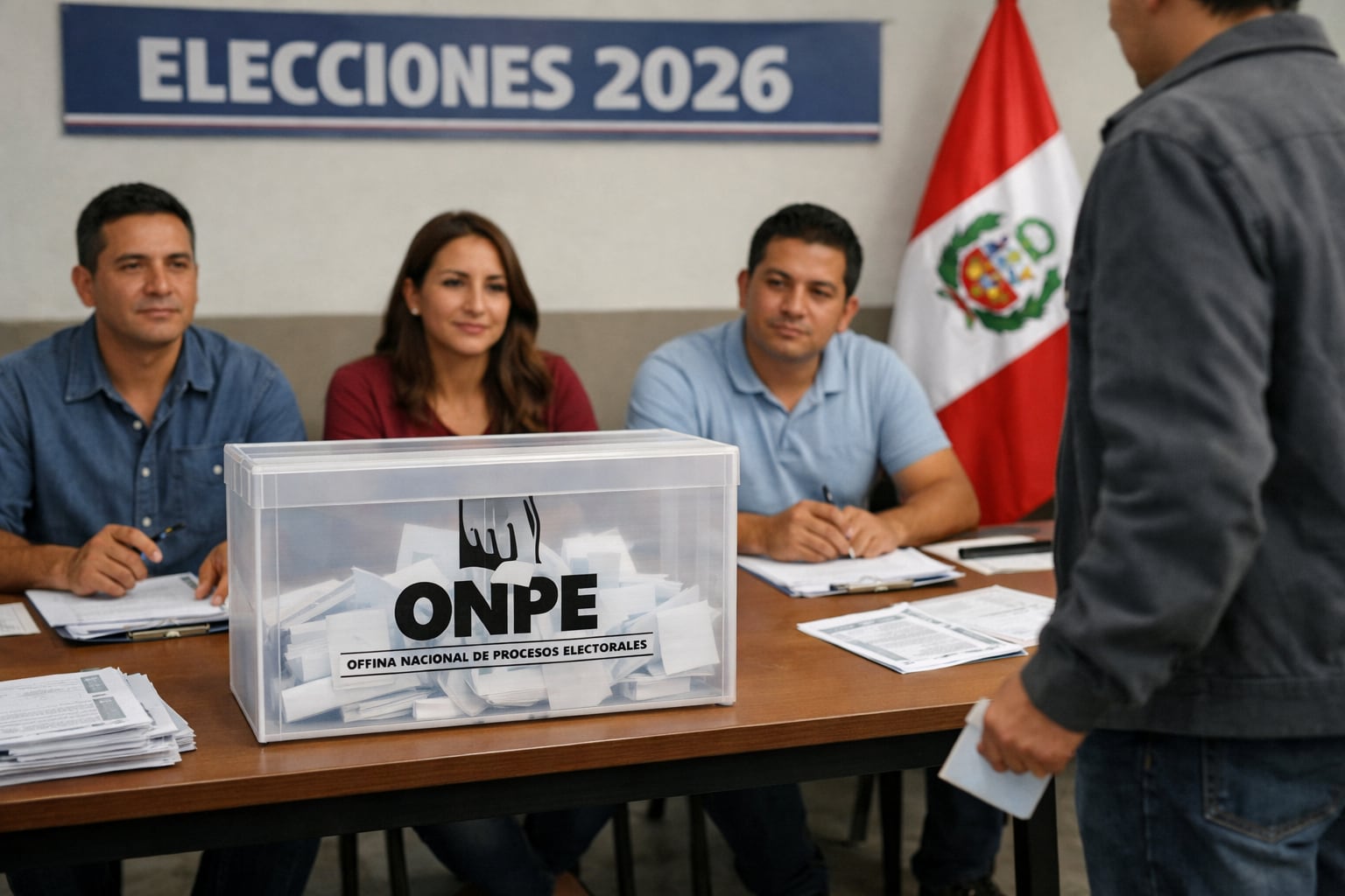 Miembros de mesa reciben a votantes en un local electoral con urna de la ONPE y bandera peruana al fondo. (Imagen Ilustrativa Infobae)