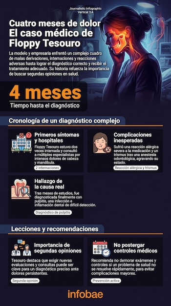Infografía vertical sobre el caso médico de Floppy Tesouro. Muestra una mujer con dolor de mandíbula y cuello, y texto sobre su diagnóstico de pulpitis.