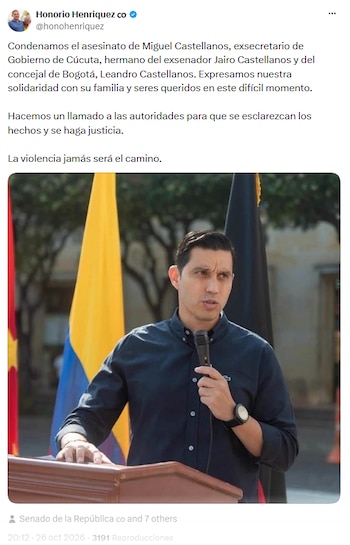 Honorio Henríquez condenó el asesinato de Miguel Castellanos y pidió justicia - crédito @honohenriquez/X