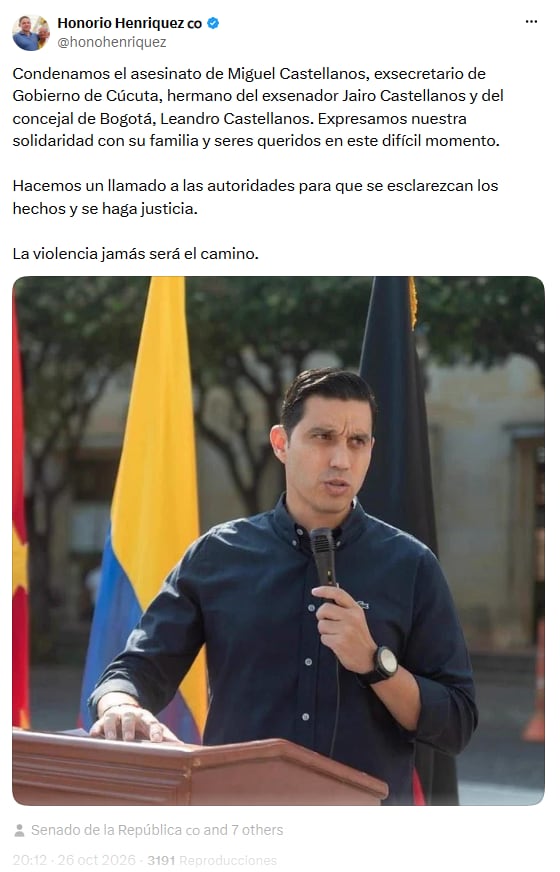 Honorio Henríquez condenó el asesinato de Miguel Castellanos y pidió justicia - crédito @honohenriquez/X