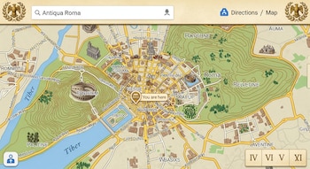 Mapa digital de la Antigua Roma que muestra el río Tíber, edificios, calles, topografía, y un marcador de ubicación con el texto 'You are here'.