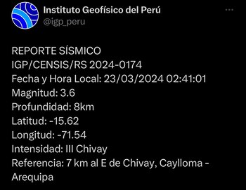 Reportan sismo en Arequipa.