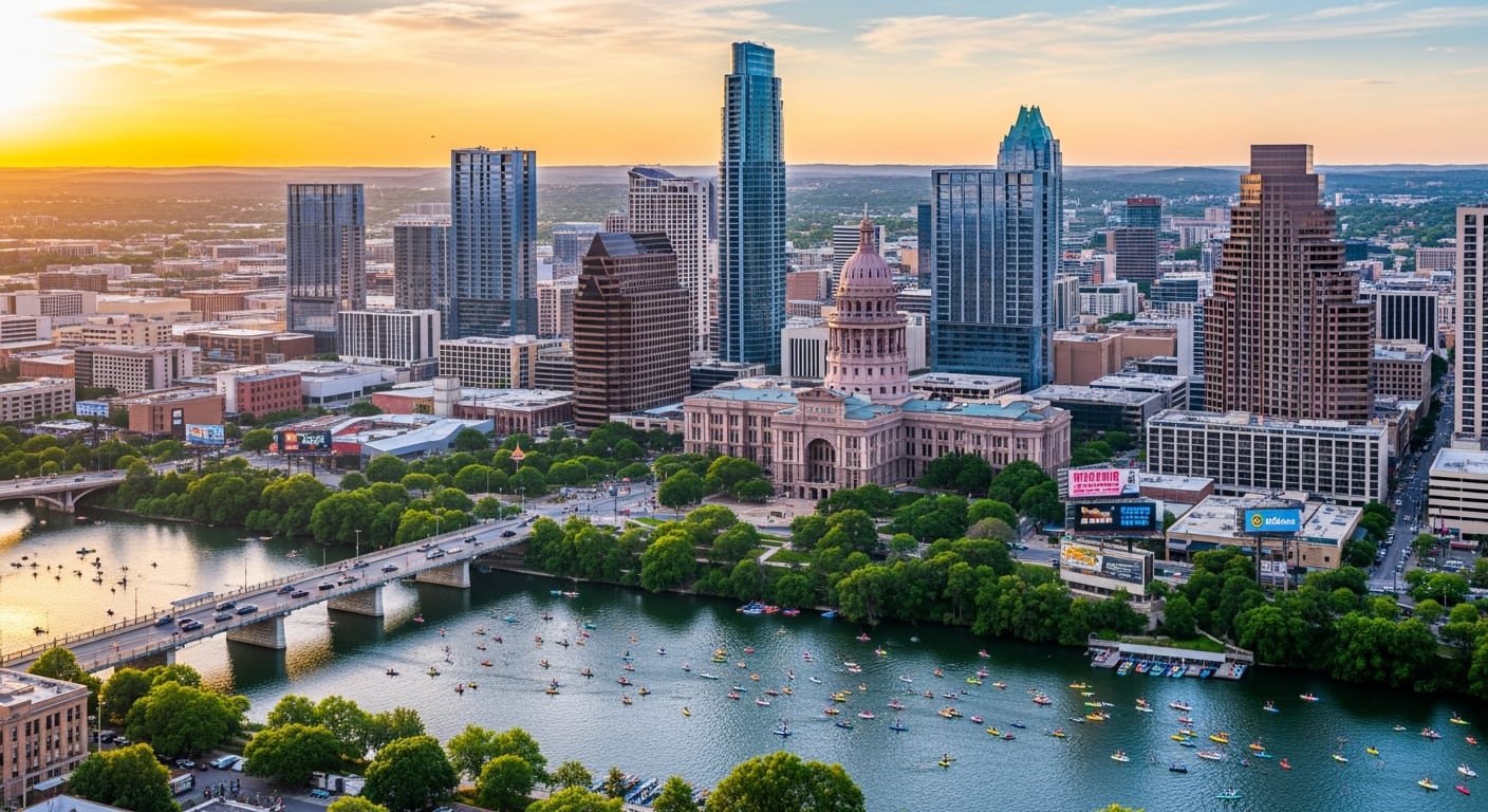 Una vista aérea de Austin, Texas, captura el Capitolio estatal, el horizonte urbano moderno y una animada actividad de embarcaciones en el río al atardecer. (Imagen Ilustrativa Infobae)