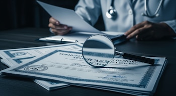 Primer plano de una lupa sobre certificados médicos con un texto "FORGED", mientras una persona con bata de médico revisa documentos al fondo.