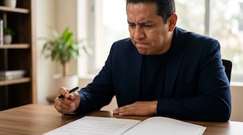 Un hombre latino de mediana edad, con traje oscuro, se sienta en un escritorio de madera, mirando un contrato con expresión de duda y la mano con un bolígrafo en el aire.