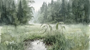 Ilustración en acuarela de plantas con gotas de agua junto a un charco en primer plano y un bosque de pinos bajo la lluvia al fondo.