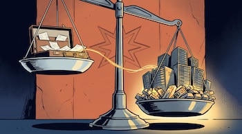 Ilustración de una balanza metálica con un maletín con papeles en un plato y varios servidores de datos con lingotes en el otro.
