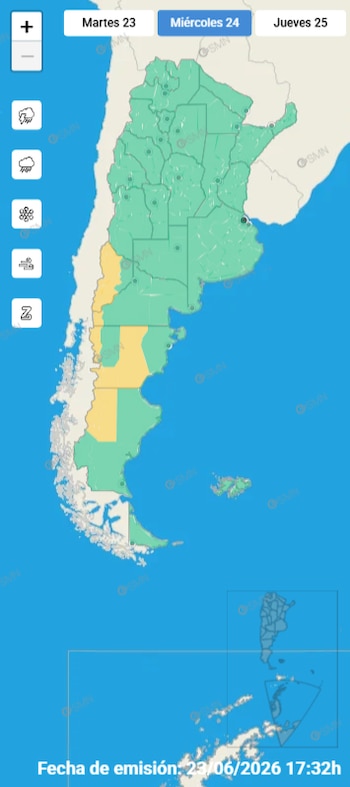 El SMN también emitió alertas amarillas por nevadas en la Patagonia, con acumulados de hasta 30 centímetros en zonas cordilleranas