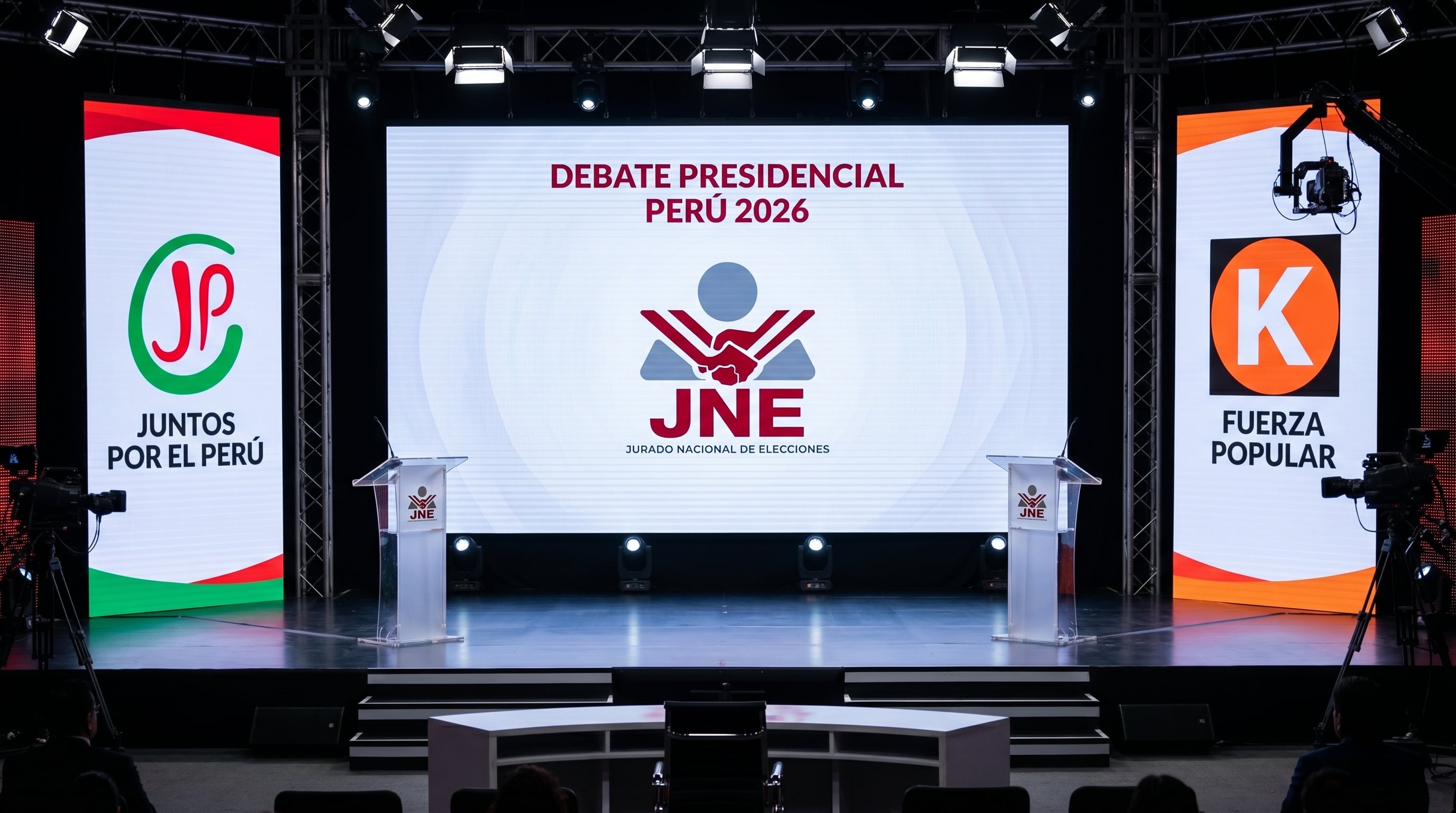 El Jurado Nacional de Elecciones (JNE) ha dispuesto un moderno escenario para el debate presidencial de Perú 2026, destacando los logotipos de Juntos Por el Perú y Fuerza Popular tras los podios. (Imagen Ilustrativa Infobae)