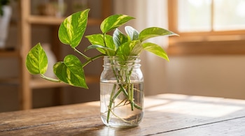 Varias hojas de planta pothos variegadas de color verde y amarillo brotan de tallos sumergidos en un vaso de vidrio con agua sobre una mesa de madera.