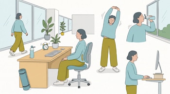 Persona en oficina moderna realizando estiramientos, bebiendo agua, caminando, y sentada en silla ergonómica. Hay un escritorio, reloj y esterilla de yoga.