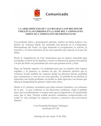 El comunicado de la Iglesia lamentó que un espacio de memoria y recogimiento fuera escenario de un hecho violento - crédito Arquidiócesis de Cali/Facebook