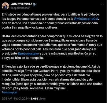 Agmeth Escaf afirmó que está cansado de que a los costeños se les diga que son vagos - crédito @agmethescaf/X