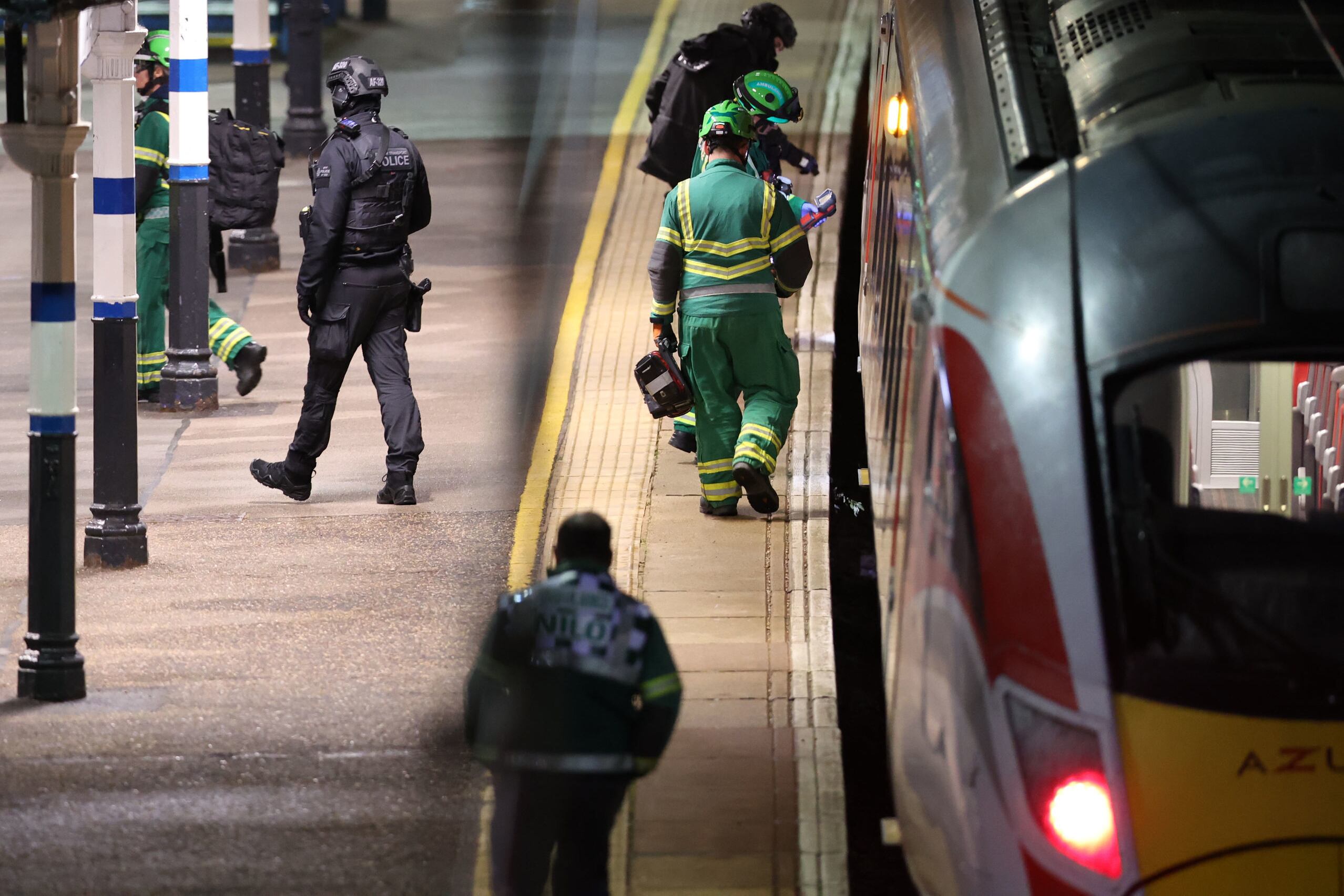Personal de emergencia inspecciona un tren en la estación de Huntingdon, Inglaterra, en Cambridgeshire, después que varias personas fueran apuñaladas el sábado 1 de noviembre de 2025 (Chris Radburn/Associated Press)