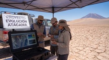 Tres científicos, dos hombres y una mujer, examinan rocas y una laptop con mapas bajo un toldo en el desierto de Atacama, con dunas y una montaña al fondo.