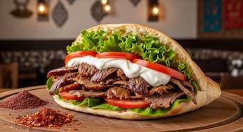 Primer plano de un döner kebab abierto en pan pita, relleno de carne, lechuga, rodajas de tomate y salsa blanca, sobre una tabla de madera con especias.