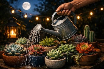 Mano regando varias suculentas coloridas en macetas de barro. Una regadera metálica vierte agua bajo la luna llena y luces de cadena.