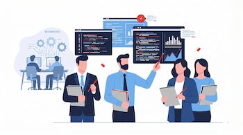 Ilustración de cuatro profesionales discutiendo frente a pantallas con código y gráficos, mientras dos ingenieros trabajan en computadoras al fondo.