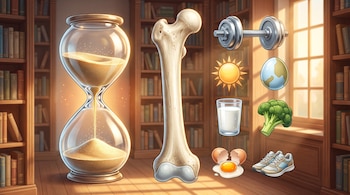 Hueso fémur, reloj de arena, mancuerna, sol, dos huevos (uno entero, uno roto), vaso de leche, brócoli, zapatillas, estanterías con libros y ventana.