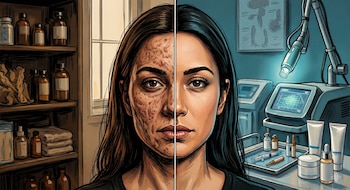 Ilustración de rostro dividido: lado izquierdo muestra piel con imperfecciones en estantería antigua; lado derecho, piel sana en clínica estética con equipo moderno