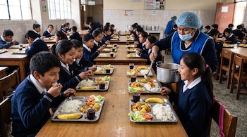 Escolares con uniforme azul comen en mesas de madera mientras una mujer con delantal y mascarilla sirve comida con un cucharón en bandejas de metal.