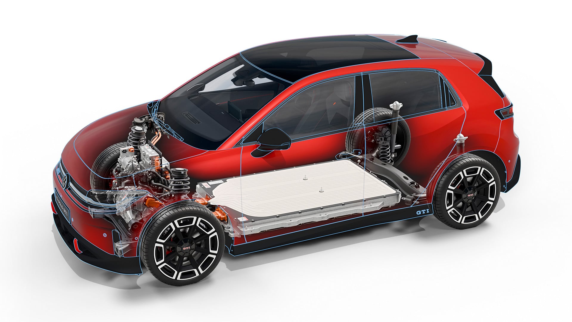 La imagen muestra un corte transversal del nuevo Volkswagen ID.Polo GTI, revelando su batería eléctrica y componentes del tren motriz bajo una carrocería roja. (Volkswagen Argentina)