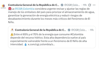 La Contraloría General de la República alertó por el nivel de los embalses en Colombia - crédito @CGR_Colombia/X