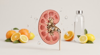 Modelo 3D de riñón humano con corte en sección, que muestra cálculos renales internos, rodeado por gotas de agua, naranjas, limones y una botella de agua al fondo.