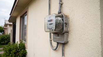Un medidor eléctrico con cubierta transparente y tuberías fijado a la pared exterior de color beige de una vivienda.