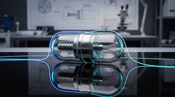 Cápsula transparente con mecanismos metálicos internos sobre una superficie negra reflectante rodeada por finas líneas de luz azul.