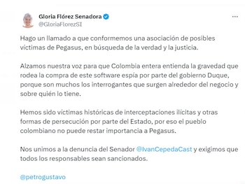 La senadora Gloria Flórez propuso la creación de una asociación de víctimas para investigar y esclarecer el alcance del espionaje ilegal en Colombia - crédito @GloriaFlorezSI/X