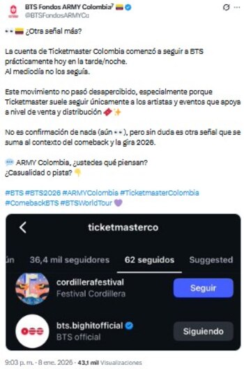 Ticketmaster Colombia sigue a BTS