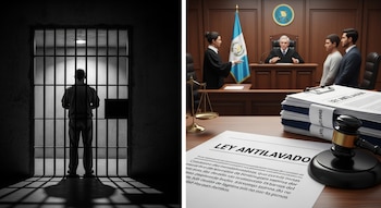 Imagen dividida: Izquierda, un prisionero tras las rejas. Derecha, un tribunal con un juez, documentos "LEY ANTILAVADO" y la bandera de Guatemala.