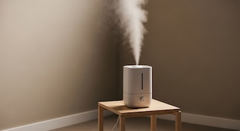 Un humidificador blanco sobre una mesa de madera emite vapor de agua en una esquina de una habitación con paredes beige, zócalo blanco y alfombra.