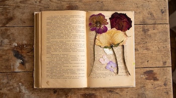 Libro abierto con texto en cirílico y flores prensadas de tonos morados, amarillos y rojos sobre una mesa de madera.