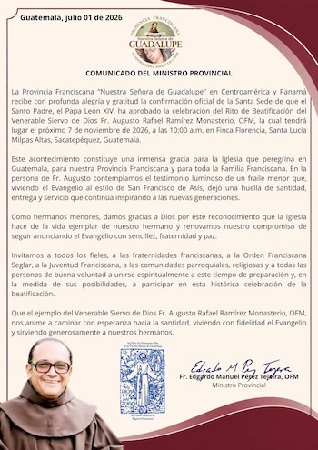 Documento oficial, logotipo de la Provincia Franciscana, texto de comunicado provincial, fotografía de Fr. Edgardo Manuel Pérez Tejaira, firma, ilustración religiosa