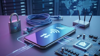 Un smartphone con iconos de señal y wifi, un router, un cable Ethernet, un candado y una placa de circuito con un icono de firewall sobre una mesa.