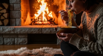 Primer plano de una persona comiendo pasta de una cazuela con un tenedor, sentada sobre una alfombra de piel frente a una chimenea de piedra con fuego crepitante.