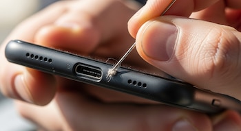 Primer plano de una mano utilizando una aguja para extraer un cúmulo de pelusa y suciedad de un puerto de carga USB-C negro en la parte inferior de un smartphone.