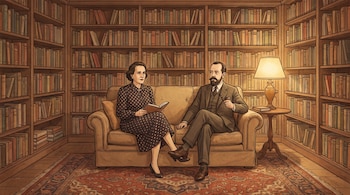 Una mujer y un hombre sentados en un sofá. Detrás, estanterías llenas de libros. A la derecha, una mesa con una lámpara. Un tapete en el suelo.