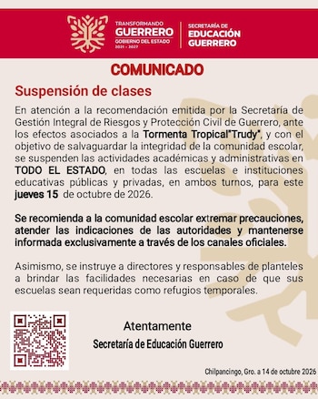 Comunicado oficial de la Secretaría de Educación de Guerrero sobre la suspensión de clases por la tormenta tropical Trudy y un código QR