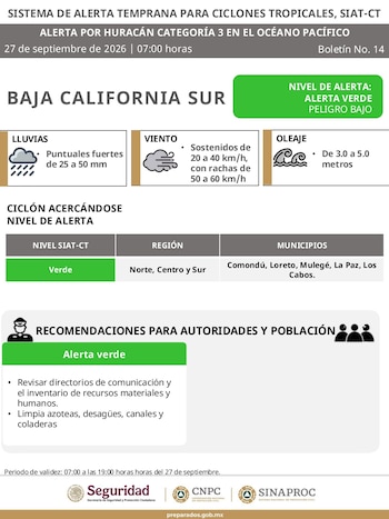 Boletín informativo del Gobierno de México sobre alerta verde por huracán de categoría tres en municipios de Baja California Sur