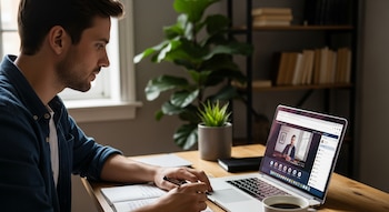 Un hombre joven concentrado mira la pantalla de su laptop, la cual muestra un curso virtual. Toma notas en un cuaderno sobre un escritorio de madera, con café.