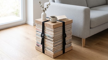 Pila de revistas sujeta con correas entre dos tablas de madera, con una taza, un libro y un jarrón encima, ubicada junto a un sofá gris.