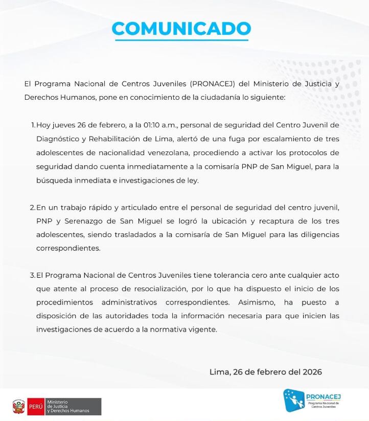 El personal de seguridad detectó la huida a la 01:10 a.m. al advertir que los internos habían escalado una de las paredes del recinto, lo que permitió activar de inmediato los protocolos y dar aviso a las autoridades - Créditos: Pronacej.