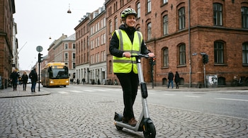 Una persona en scooter eléctrica, vestida con chaleco reflectante y casco, sobre una calle de adoquines. Edificios de ladrillo y autobús amarillo de fondo.