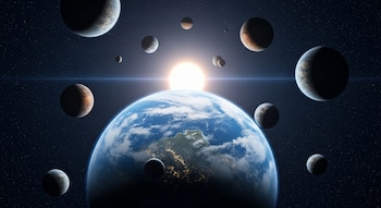 Un campo estelar profundo con una estrella central brillante y múltiples exoplanetas de diversos tamaños; uno grande en primer plano muestra océanos azules, nubes y luces urbanas.