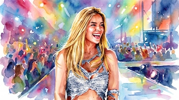 Ilustración de acuarela de Karol G con cabello rubio, vestida con un top plateado, sonriendo en un escenario frente a una multitud y luces de colores.